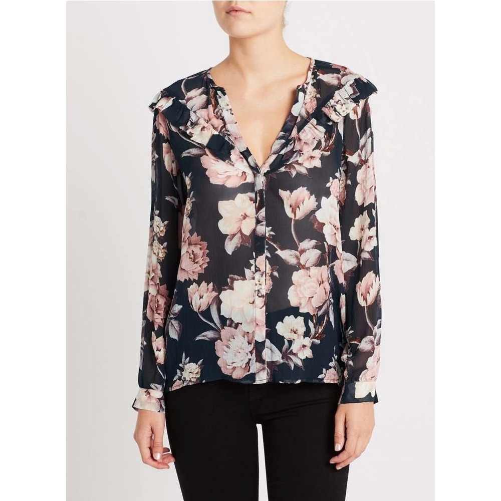 PAIGE Amore Silk Floral Blouse Black Pink Ruffle V-Neck Long Sleeve S